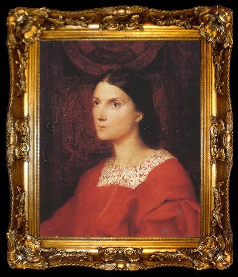 framed  George Frederick watts,O.M.,R.A. Portrait of Lady Wolverton,nee Georgiana Tufnell,half length,earing a red dress (mk37), ta009-2